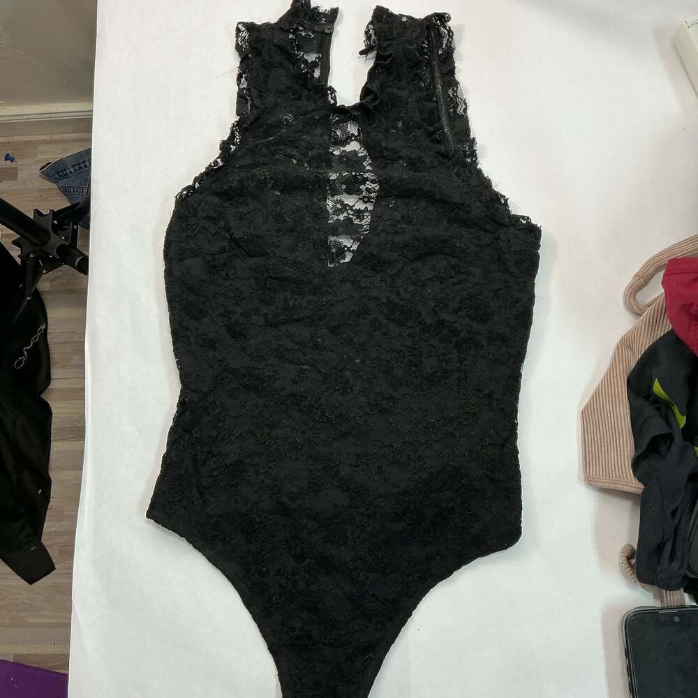 Lush Black Lace ruffle sleeveless Keyhole Thong Bodysuit